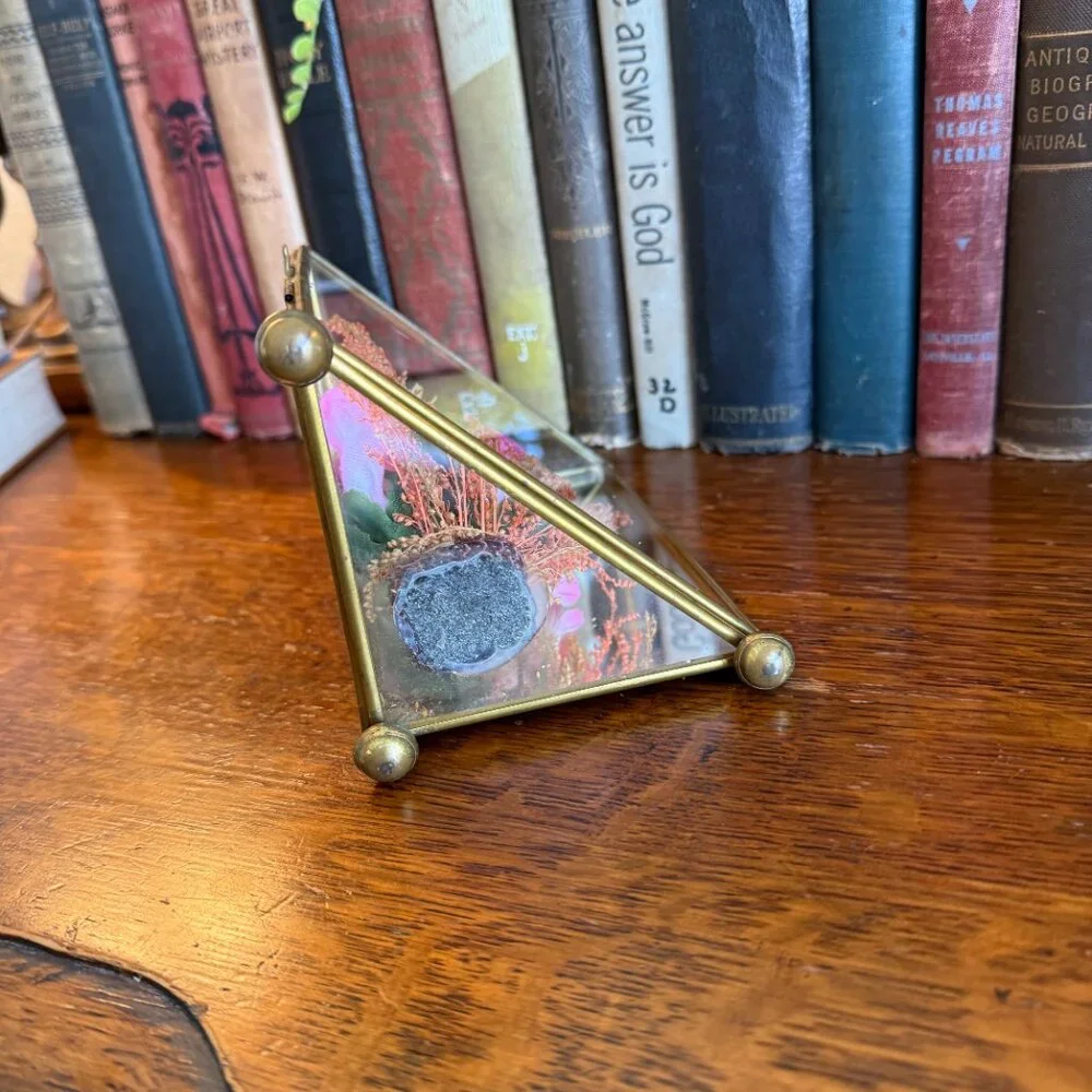Vintage Glass/Mirrors & Brass Triangular Box with Flowers